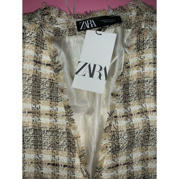 NWT Zara Tweed Jacket Blazer M BEIGE BLACK cream brown leather pockets PLAID - Picture 4 of 4